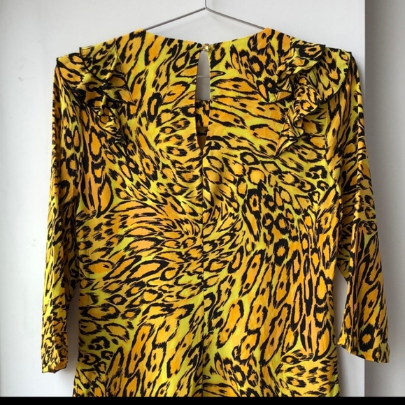 Juicy Couture Silk Yellow Leopard Ruffle Collar Bracelet Sleeve Mini Dress 00 - Picture 12 of 12